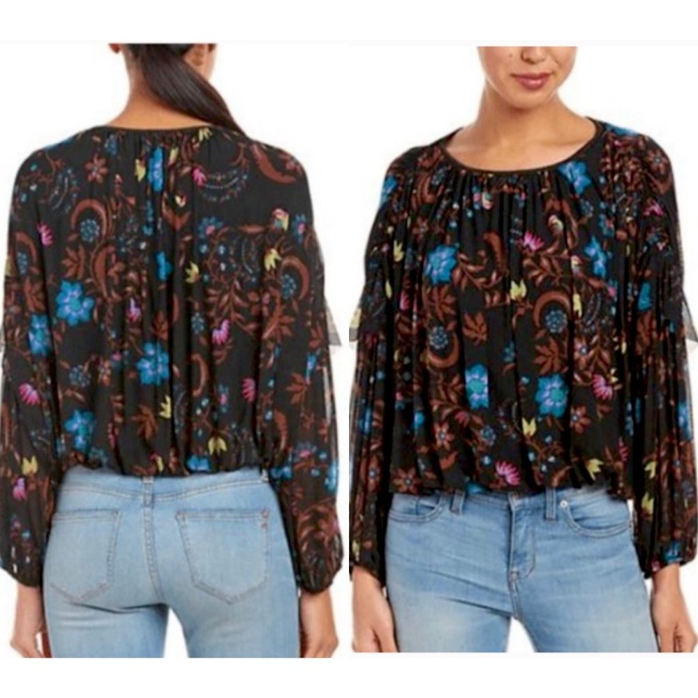 Free People Floral Mesh Blouson Blouse Black Long Sleeve Ruffle Top XS